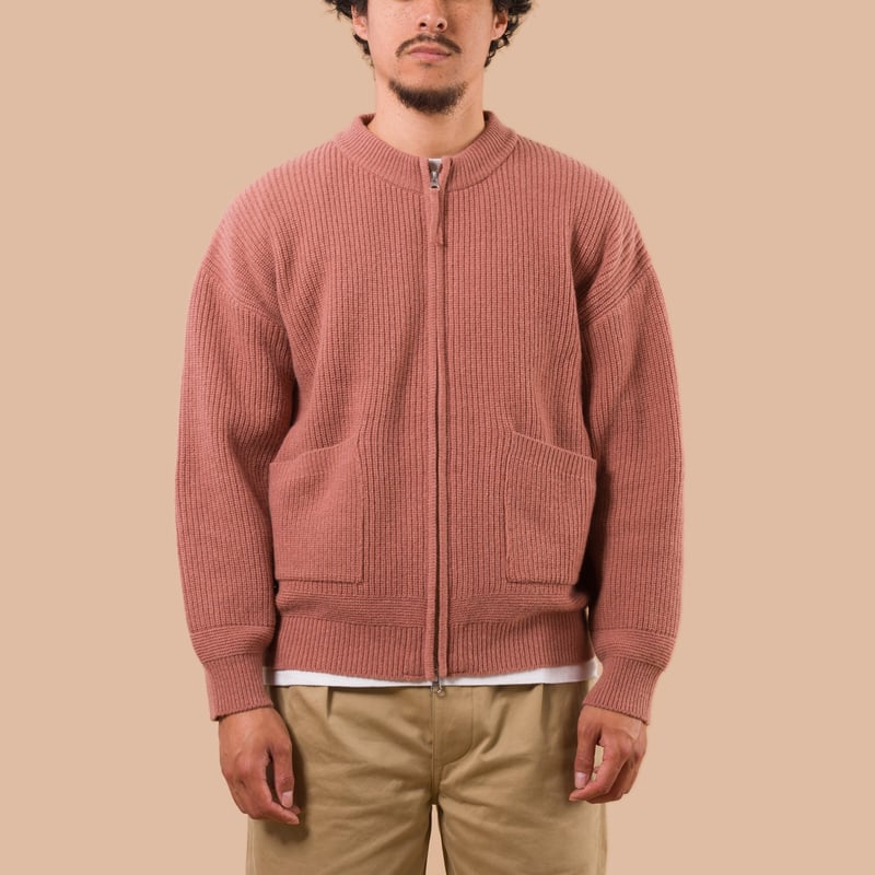 flaneurs Frizmworks Wool Deck Zip Up Cardigan Indian Pink worn front