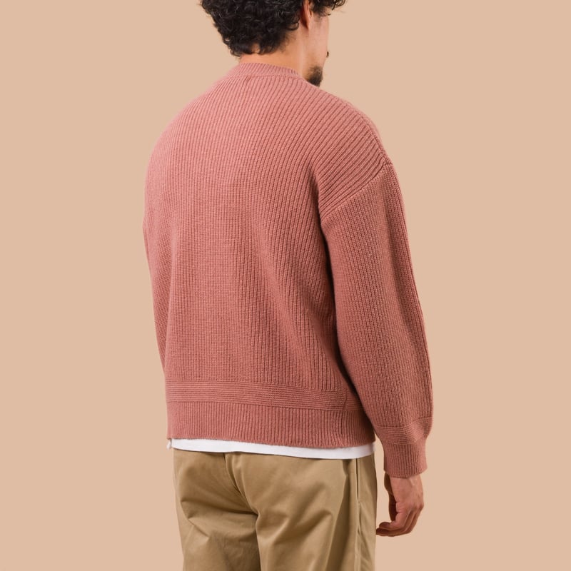 flaneurs Frizmworks Wool Deck Zip Up Cardigan Indian Pink worn back