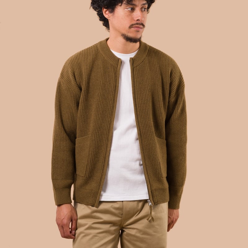 flaneurs Frizmworks Wool Deck Zip Up Cardigan Cinnamon worn