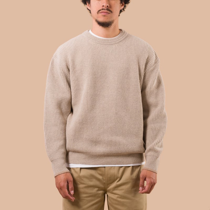 flaneurs Frizmworks Patch Round Pullover Knit Oatmeal worn front