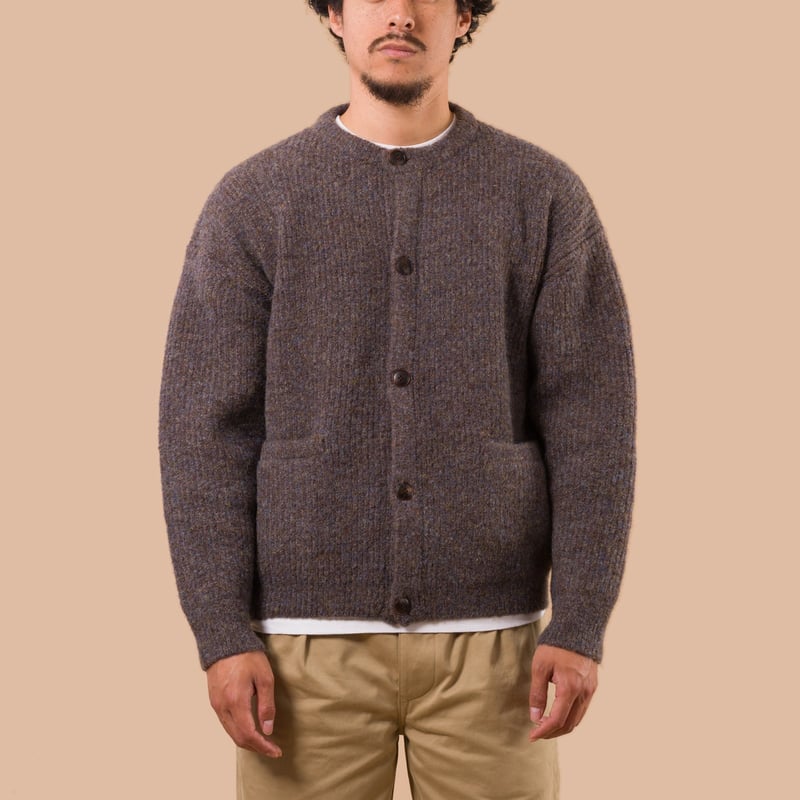 flaneurs Frizmworks Brushed Wool Round Cardigan Brown worn front