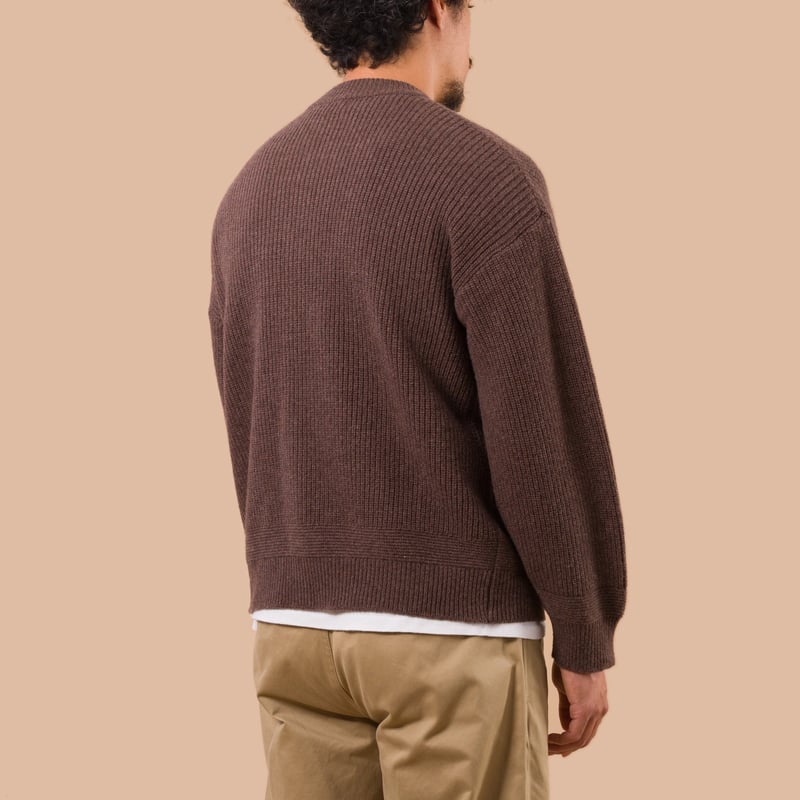 flaneurs Frizmworks Heavy Wool Round Cardigan Choco worn back
