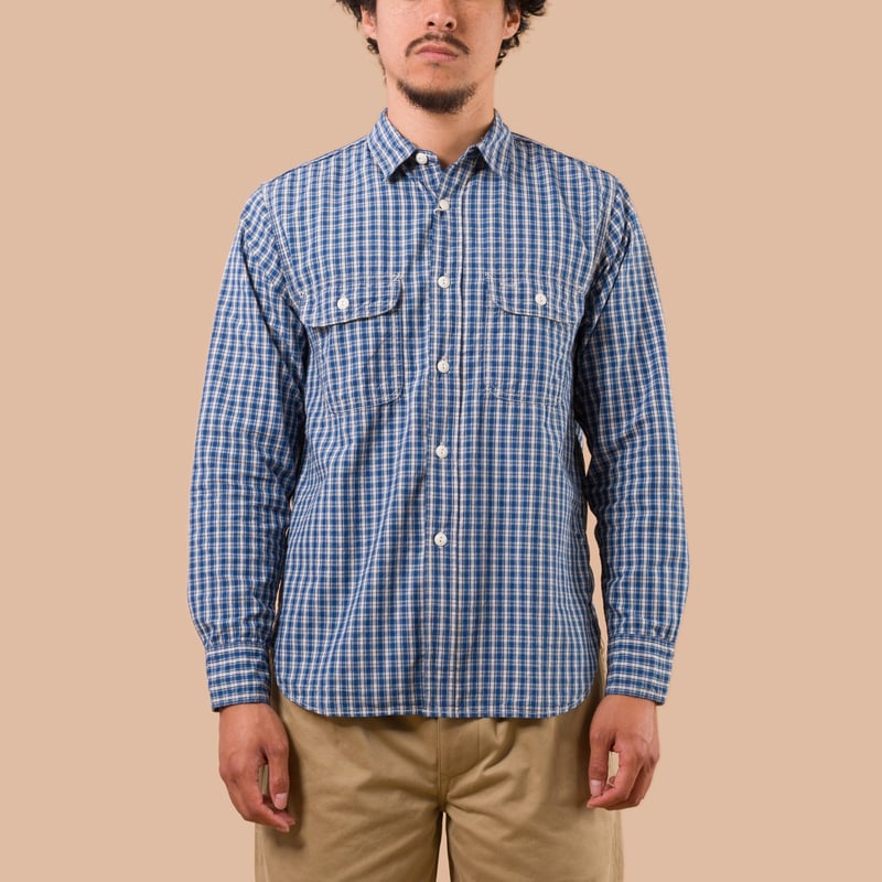 Flaneurs FOB Factory F3516 Indigo Check Work Shirt worn front
