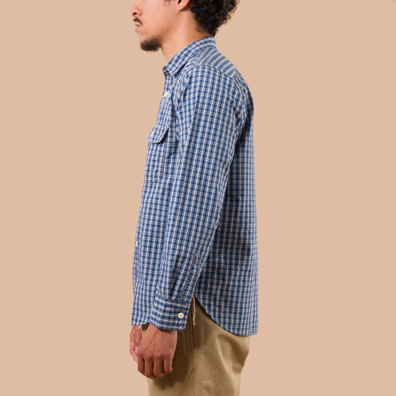 Flaneurs FOB Factory F3516 Indigo Check Work Shirt worn side