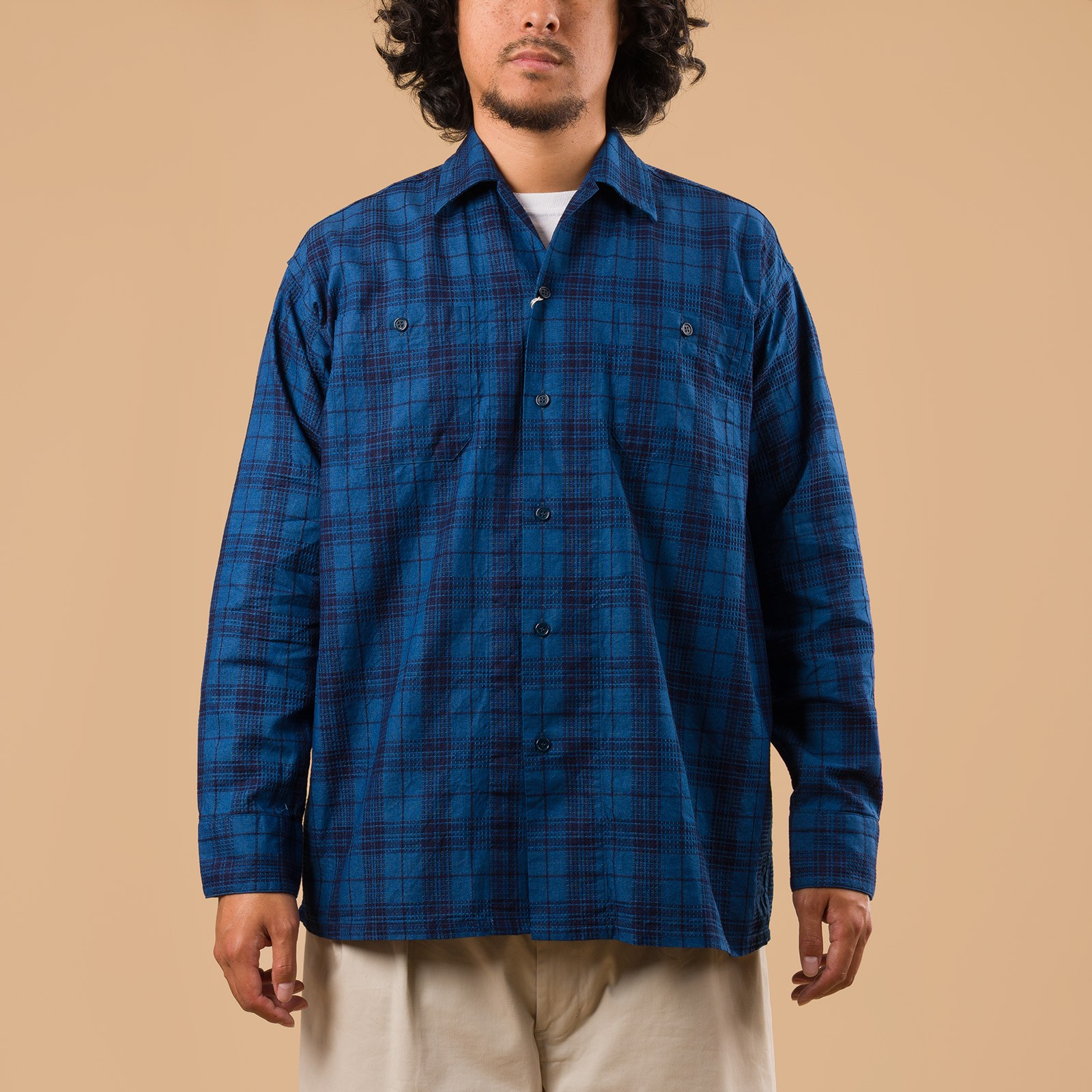 flaneurs Beams plus Mil Open Collar Indigo Dobby Wide Plaid face fermé flaneurs Beams plus Mil Open Collar Indigo Dobby Wide Plaid face fermé