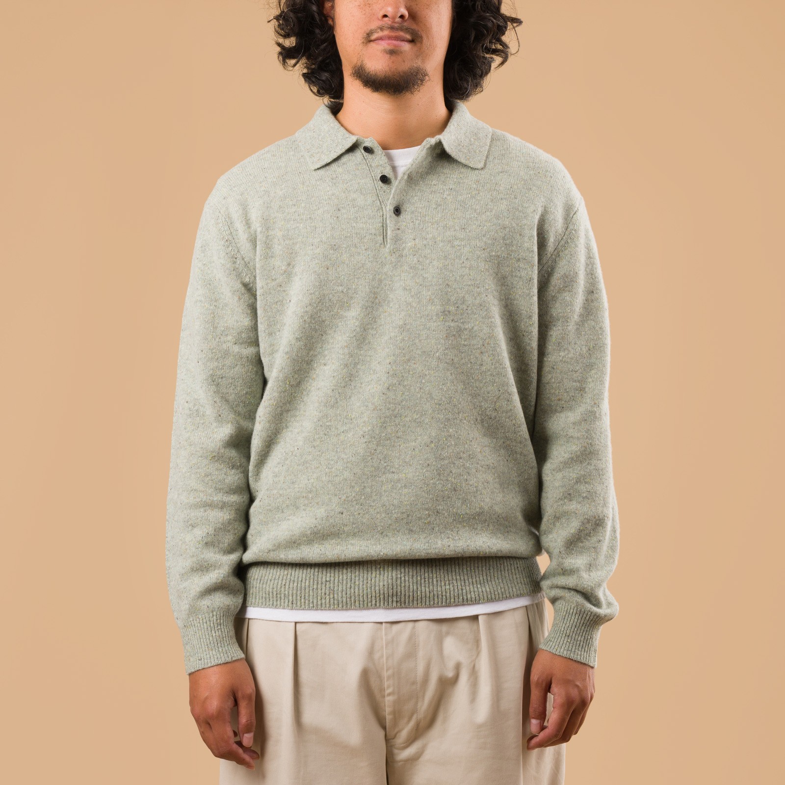 Image-Flâneurs_AW25 BEAMS PLUS  Knit Polo Nep 9G Mint face Image-Flâneurs_AW25 BEAMS PLUS  Knit Polo Nep 9G Mint face
