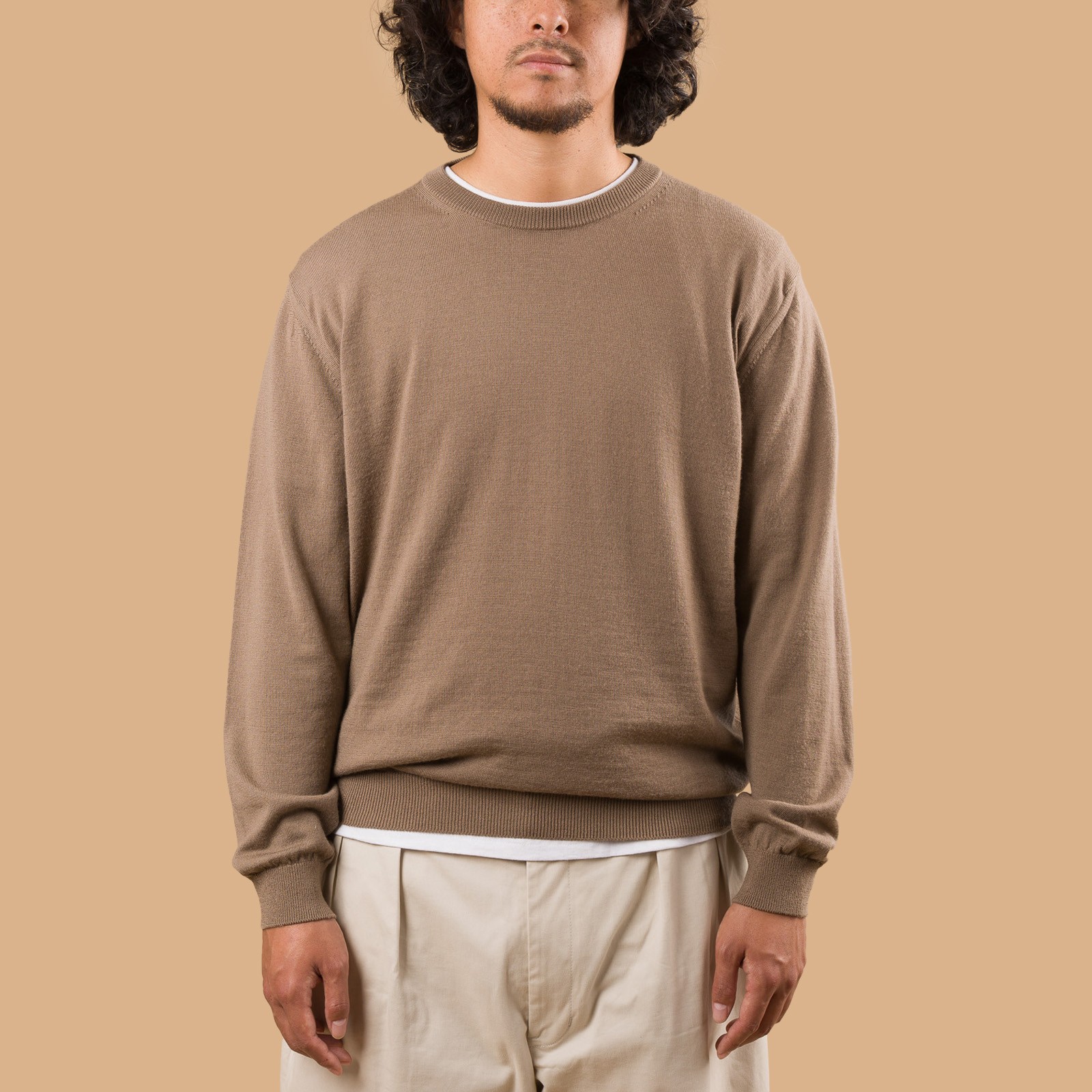 Image-Flâneurs_MOONCASTLE / 12G Wool Crew Neck Sand Beige_de-face Image-Flâneurs_MOONCASTLE / 12G Wool Crew Neck Sand Beige_de-face