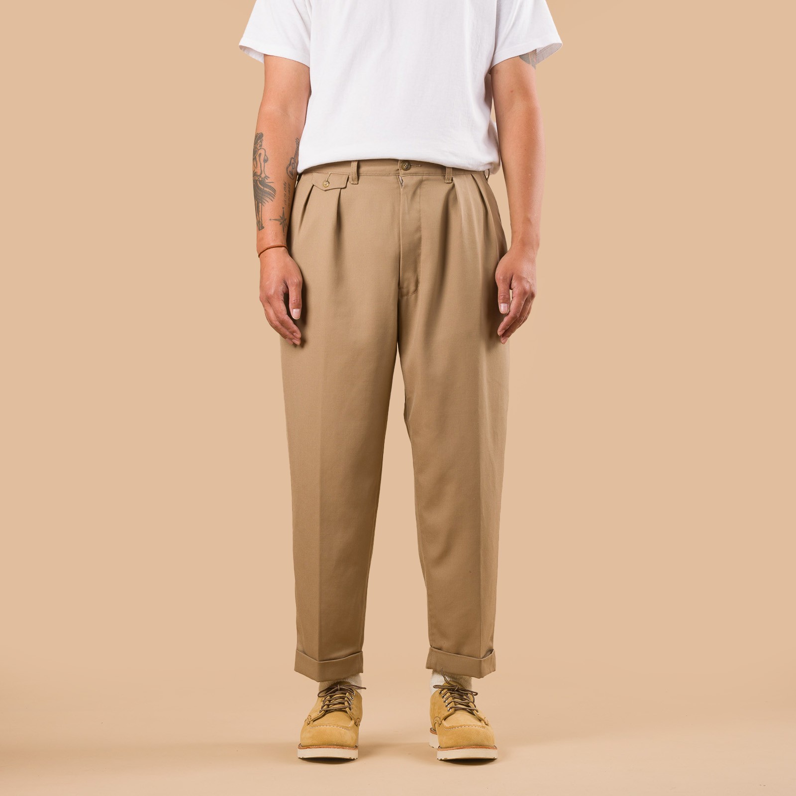2 Pleats Tapered Laundry Wool Khaki