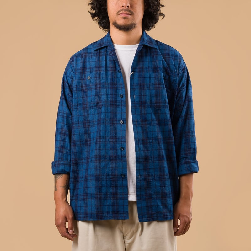 flaneurs Beams plus Mil Open Collar Indigo Dobby Wide Plaid face flaneurs Beams plus Mil Open Collar Indigo Dobby Wide Plaid face