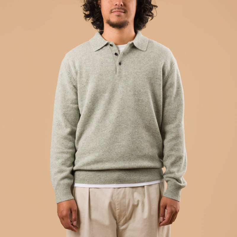 Image-Flâneurs_AW25 BEAMS PLUS  Knit Polo Nep 9G Mint face Image-Flâneurs_AW25 BEAMS PLUS  Knit Polo Nep 9G Mint face